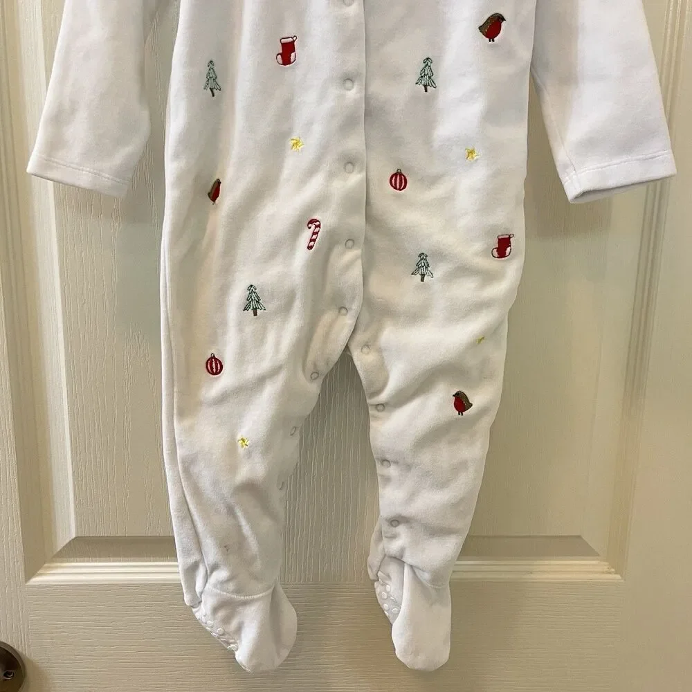 JoJo Maman Bébé White Velour Christmas Embroidered Footie Girls SZ 12-18 Months
